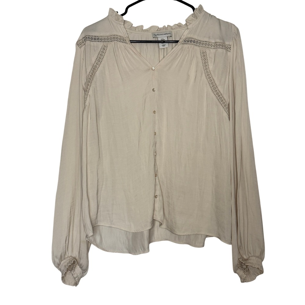 Cupcakes & Cashmere Whimsical Lace Trim Ruffle Blouse Long Sleeve Button Front M
